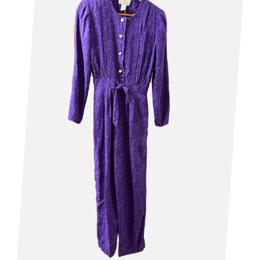 Vintage 80s Worthington Essentials Purple Floral Jumpsuit Womens 8 Rayon